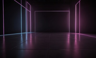 The image presents a minimalist, abstract interior space with a dark floor and walls, illuminated by a series of glowing lines in shades of pink and blue. The lines are
