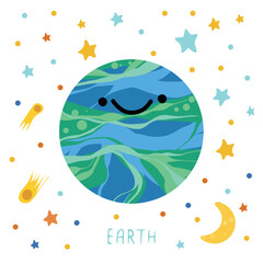 Solar system of planets for kids. Earth with cartoon face. Vector illustration. Cartoon planet.