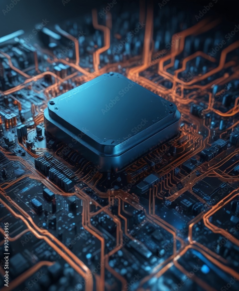 Poster A 3D of a computer chip on a circuit board, with intricate orange and blue lines and components.