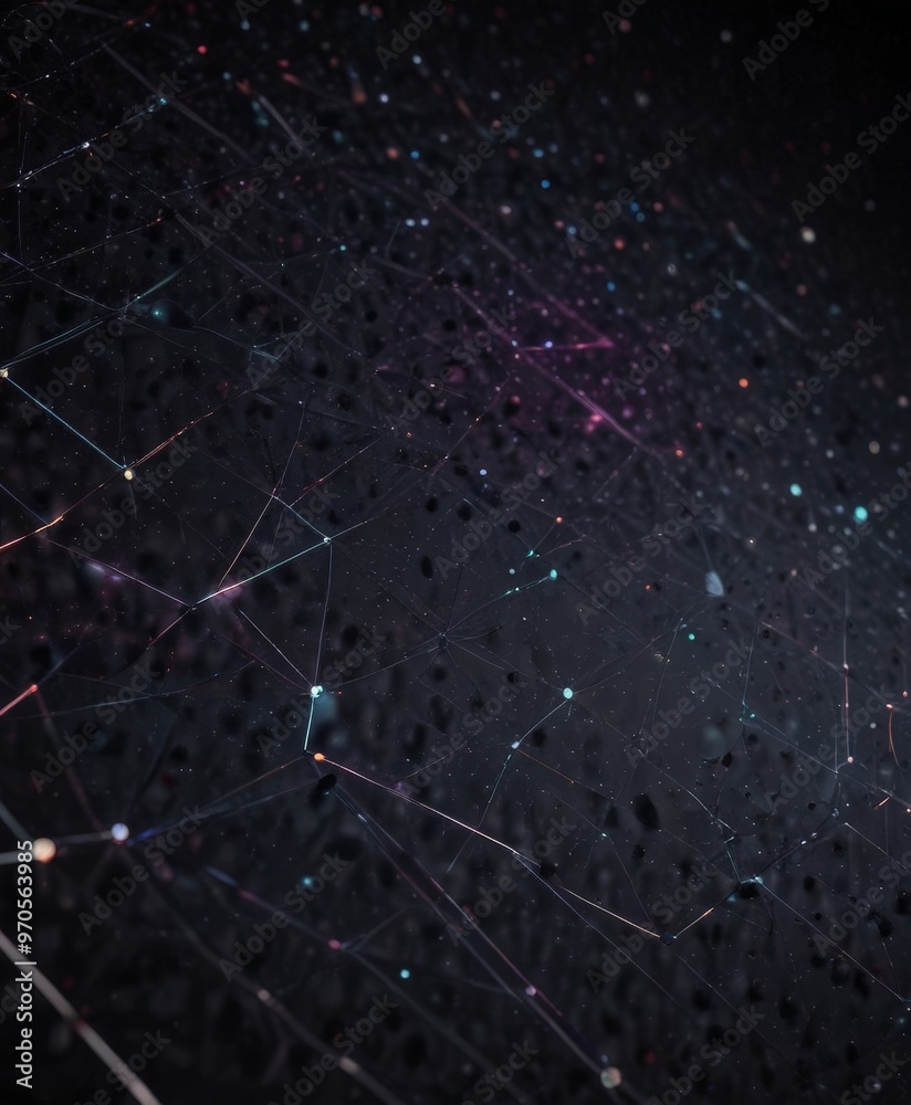 Poster a close-up view of a spider web, with a network of interconnected lines and small dots, creating a sense of depth and complexity.