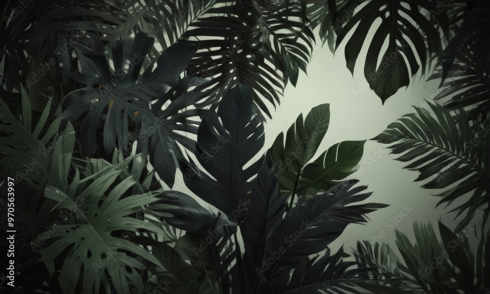 Aufkleber a dense, lush display of tropical foliage, with a variety of large leaves in shades of green and bro