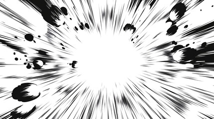 A black and white comic book blurry explosion, A black and white photo of a blurry explosion with white streaks.