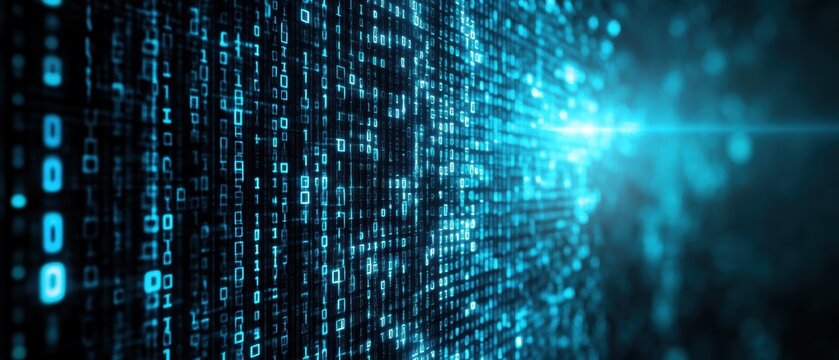 Digital data stream visualization with glowing blue binary code and light rays