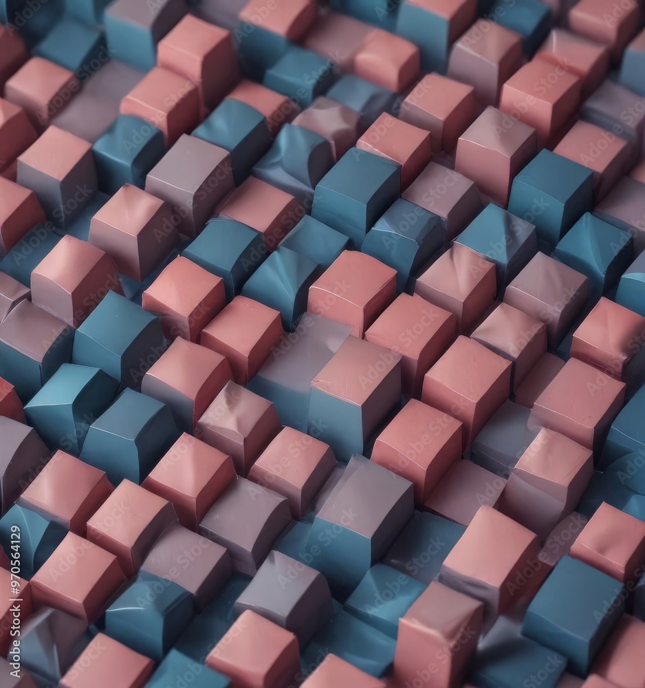 Poster a close-up view of a 3D of a geometric pattern composed of numerous cubes in various shades of pink, blue, and gray.
