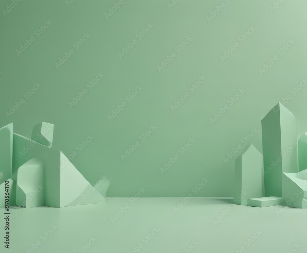 Aufkleber A minimalist geometric composition featuring a variety of green cubes and pyramids arranged in a symmetrical pattern against a light green background.