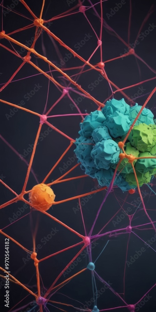 Fototapete a complex network of interconnected lines and spheres, with the spheres exhibiting a range of vibran