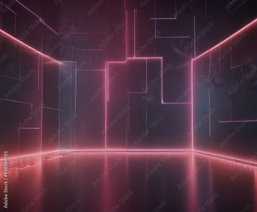 Fototapete The image presents a futuristic room with a grid-like pattern of glowing lines and a reflective floor, creating a sense of depth and dimension.