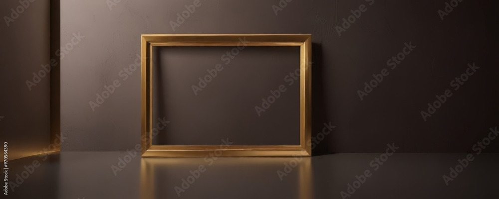 Poster a golden picture frame stands alone on a reflective surface, its polished surface gleaming under the