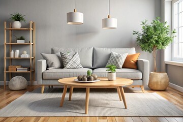 Cozy loveseat sofa near round accent coffee table. Scandinavian home interior design of modern living room in farmhouse