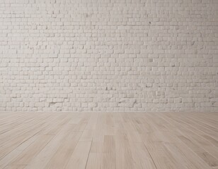 Fototapeta premium A white brick wall with a wooden floor in the foreground.
