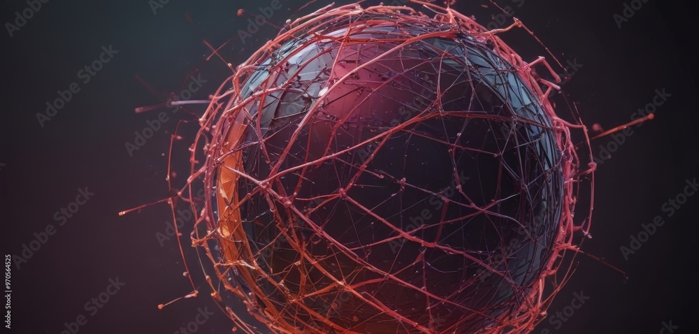 Poster a sphere composed of a network of red and orange lines, resembling a web or a ball of energy, set ag
