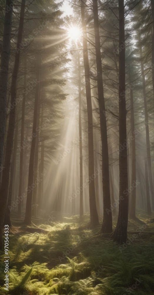 Poster Sunlight filters through the dense forest, casting a warm glow on the mossy ground and creating a serene atmosphere.