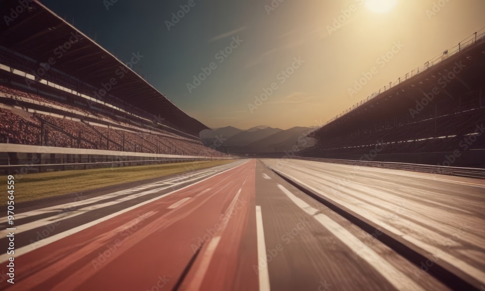 Poster a long, straight race track with a red center line stretches out into the distance, flanked by empty