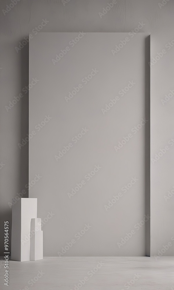 Aufkleber a minimalist art installation featuring a large white rectangular canvas, two smaller white cubes, a