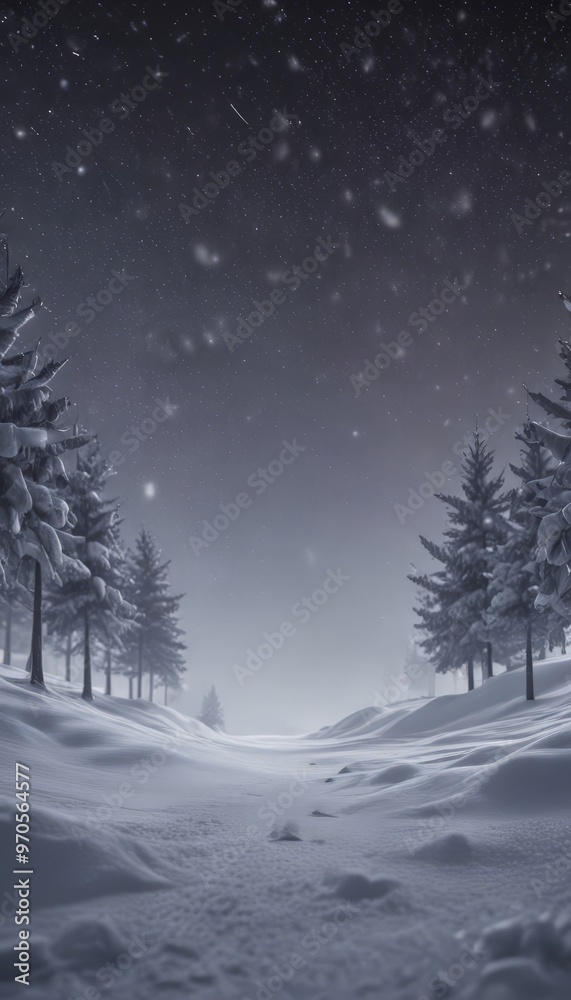 Poster a snowy winter landscape with a path leading through a forest of snow-covered trees, under a starry 