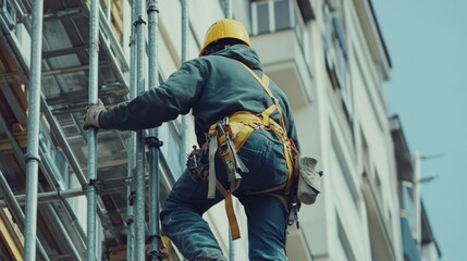Construction Worker Ascending Scaffolding on a Building