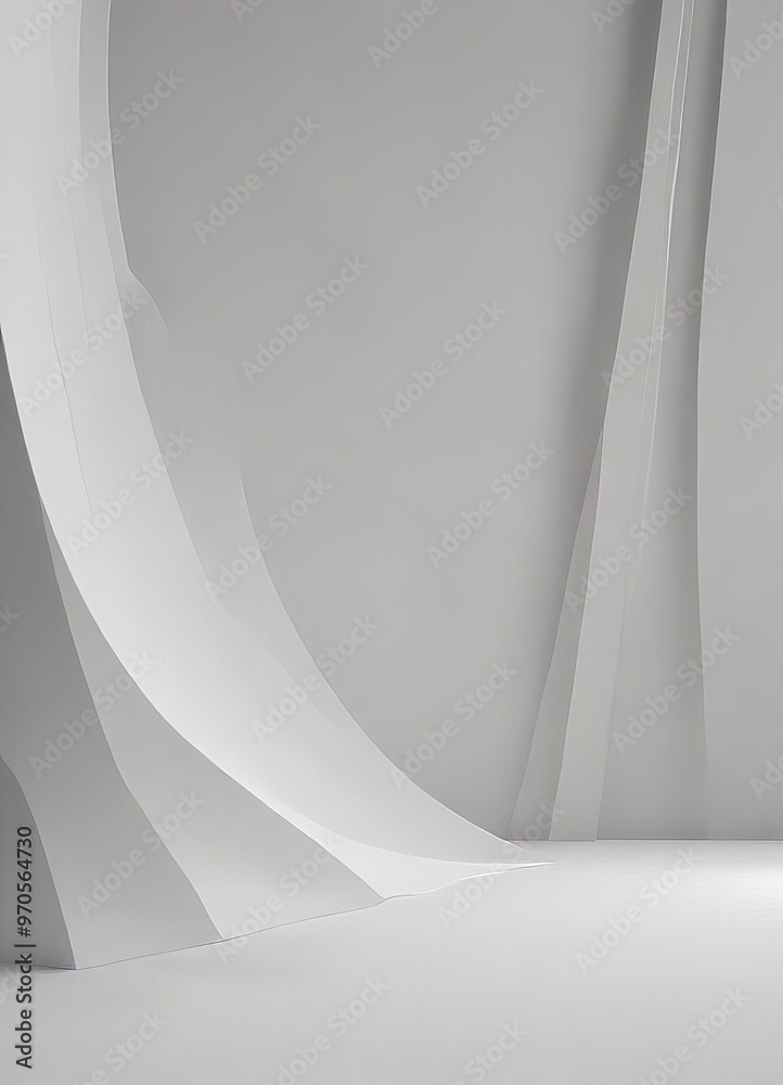 Aufkleber The image presents a minimalist, abstract interior design featuring a curved wall and a flat floor, with a monochromatic color scheme of white and gray.