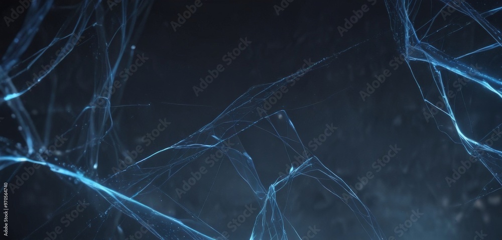 Poster a close-up view of a spider web, with the web's intricate structure and the blue-green coloration of