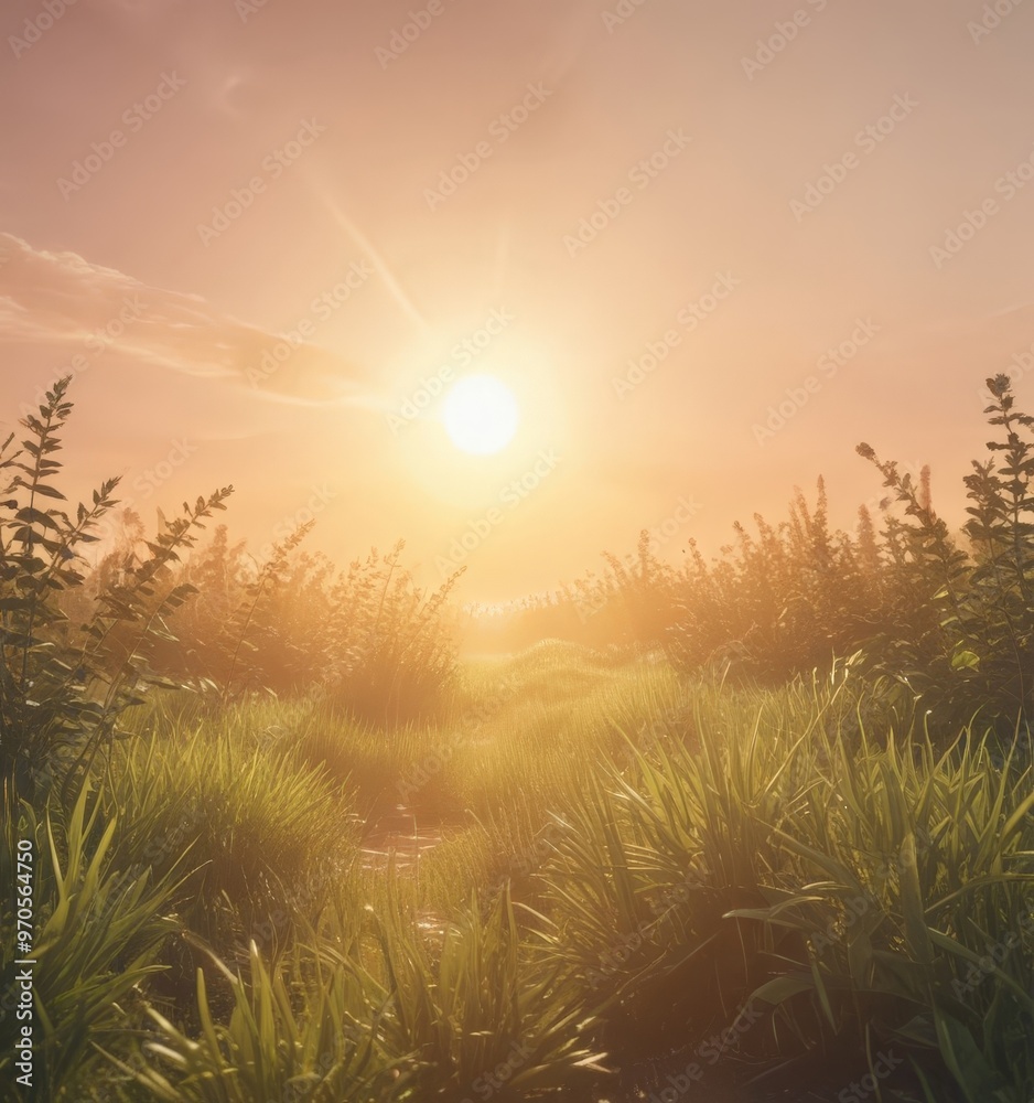 Poster A serene sunset casts a warm glow over a field of tall grass, with the sun's rays filtering through the foliage and creating a tranquil atmosphere.