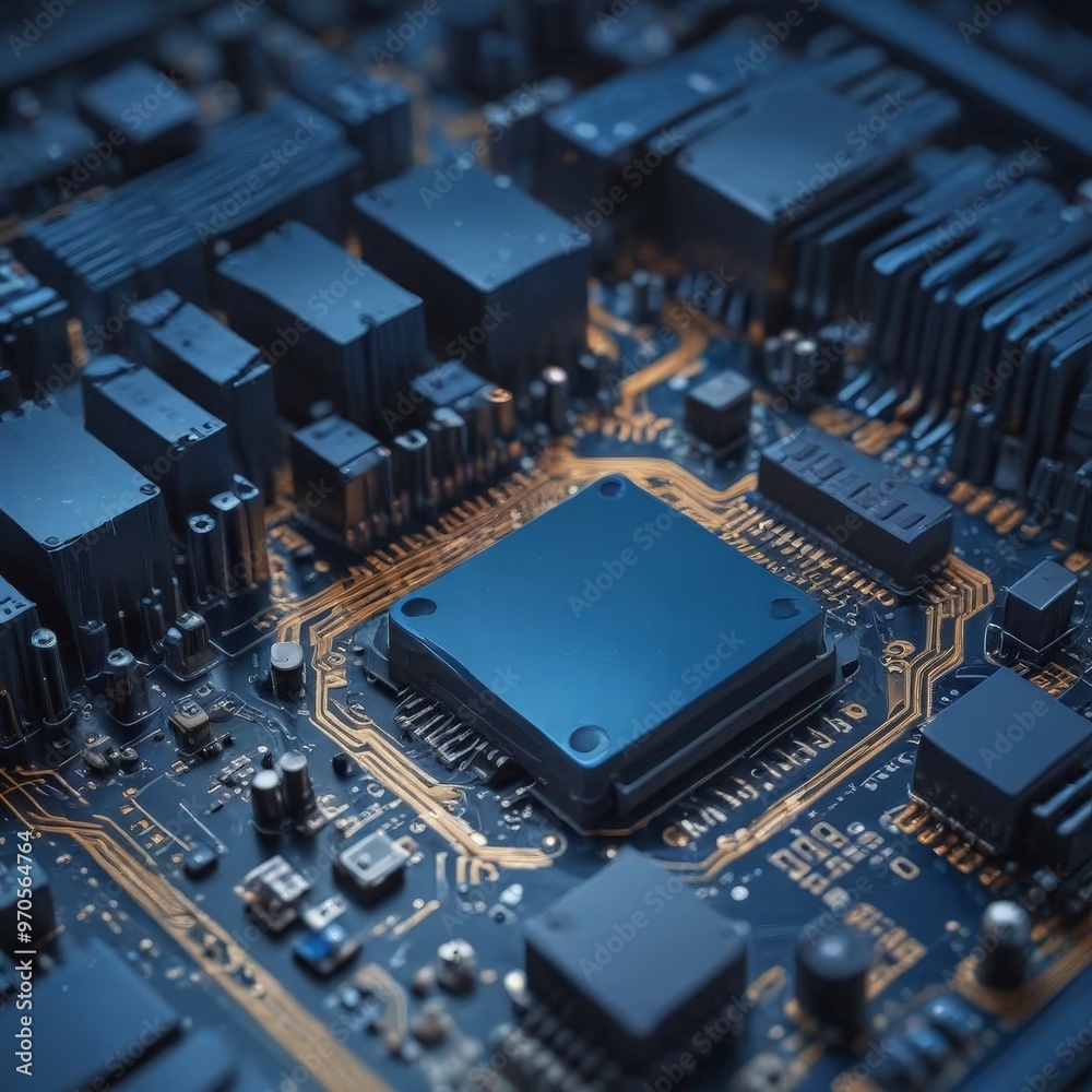 Fototapete A close-up view of a complex electronic circuit board, showcasing intricate details of various components and their interconnections.