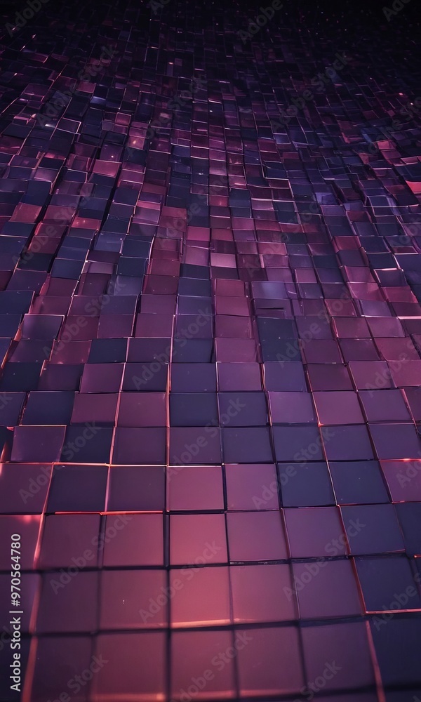 Poster a close-up view of a mosaic pattern composed of small square tiles in shades of purple and pink, arranged in a grid-like pattern.