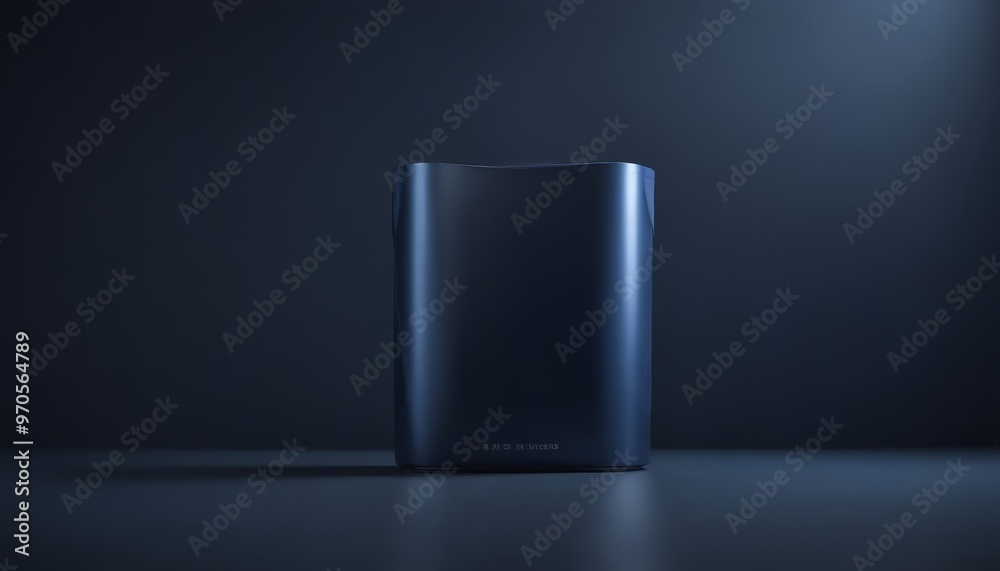 Poster A sleek, dark blue cylindrical object with a curved top and a small text logo on its side, set against a dark background.