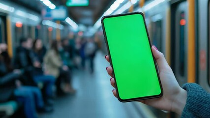 Woman is holding a smartphone with green or chroma key screen in blurred subway train station blurred background, perfect for showcasing apps and mobile technology, travel and navigation concept - Powered by Adobe