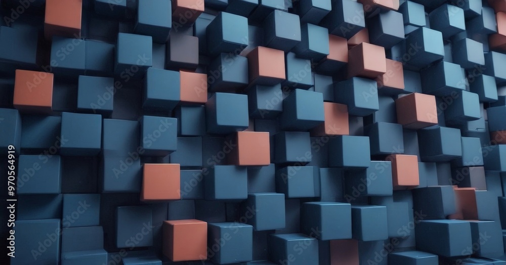 Fototapete A 3D of a wall composed of numerous cubes in shades of blue and orange, creating a visually striking and abstract pattern.