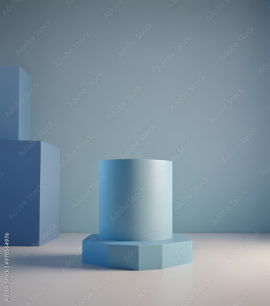 Poster a minimalist scene featuring a cylindrical blue object on a hexagonal pedestal, set against a light 