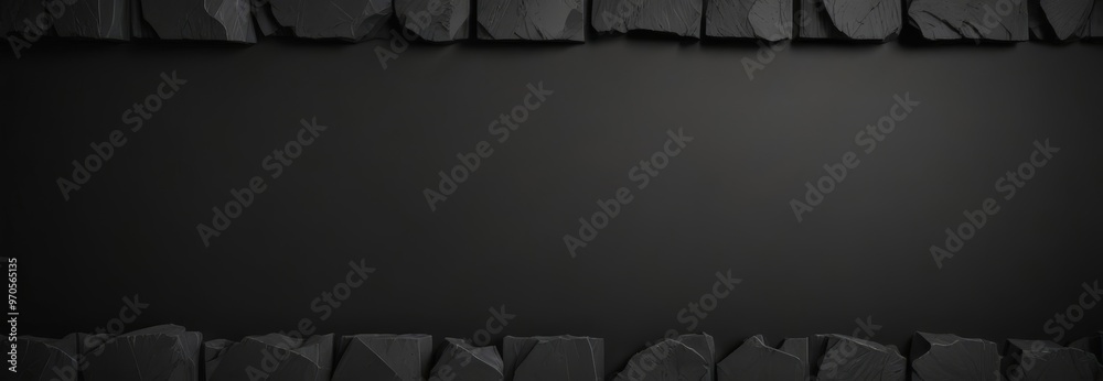 Poster a dark, monochromatic image featuring a dark background with a border of dark, jagged rocks or stone