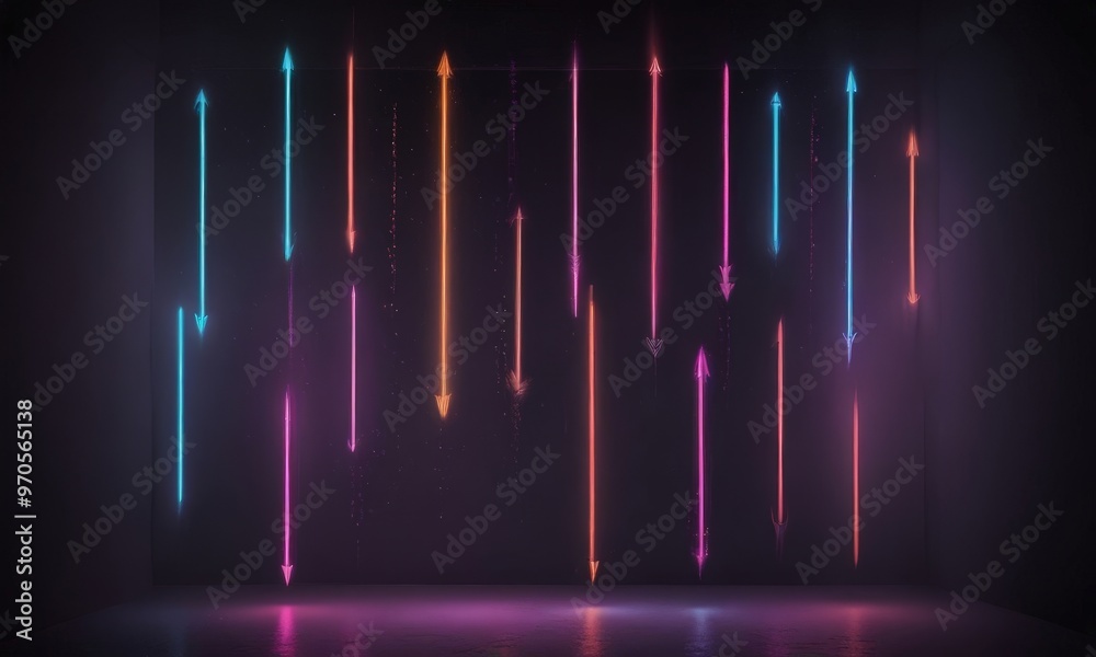 Poster A dark room with a series of glowing arrows pointing in various directions, creating a dynamic and visually striking scene.