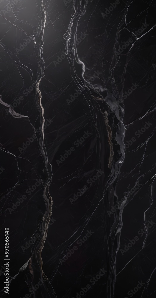 Poster a close-up view of a black marble surface with a striking pattern of white veins and lines running through it.