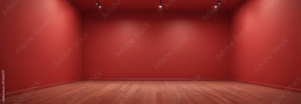 Poster an empty room with red walls and a wooden floor, illuminated by three spotlights.