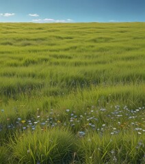 Obraz premium A vast expanse of lush green grass stretches out, with a scattering of colorful wildflowers in the foreground.