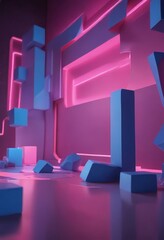 a digital art piece featuring a room with blue and pink geometric shapes, including cubes, cylinders, and pyramids, illuminated by pink and blue lights.