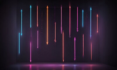 Obraz premium A dark room with a series of glowing arrows pointing in various directions, creating a dynamic and visually striking scene.
