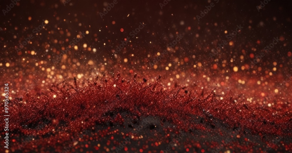 Poster a close-up view of a red, glittery surface with numerous small, round, and irregularly shaped partic