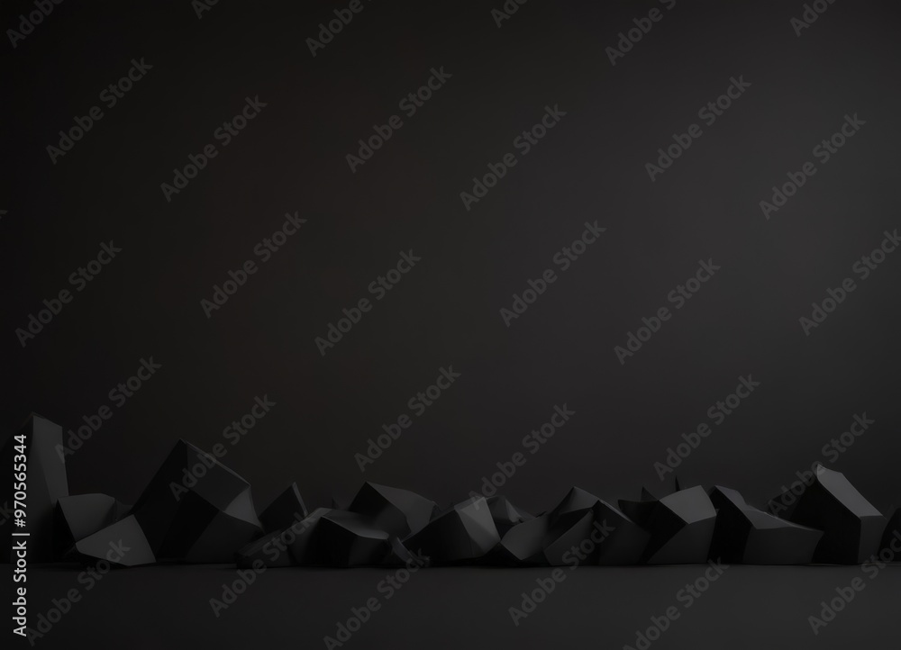 Poster a dark, minimalist image featuring a collection of black, angular geometric shapes arranged in a hor