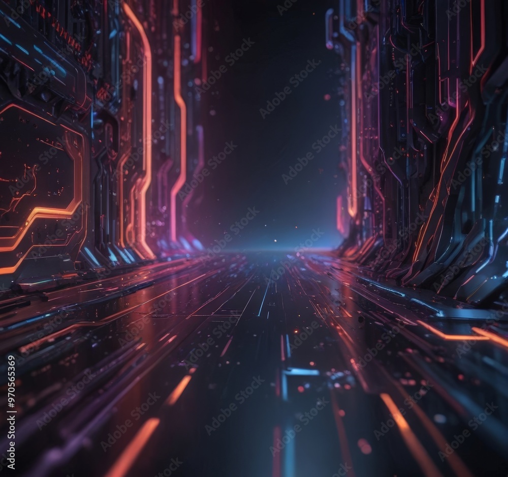 Aufkleber the image presents a futuristic, cyberpunk-inspired scene, featuring a long, straight corridor with 
