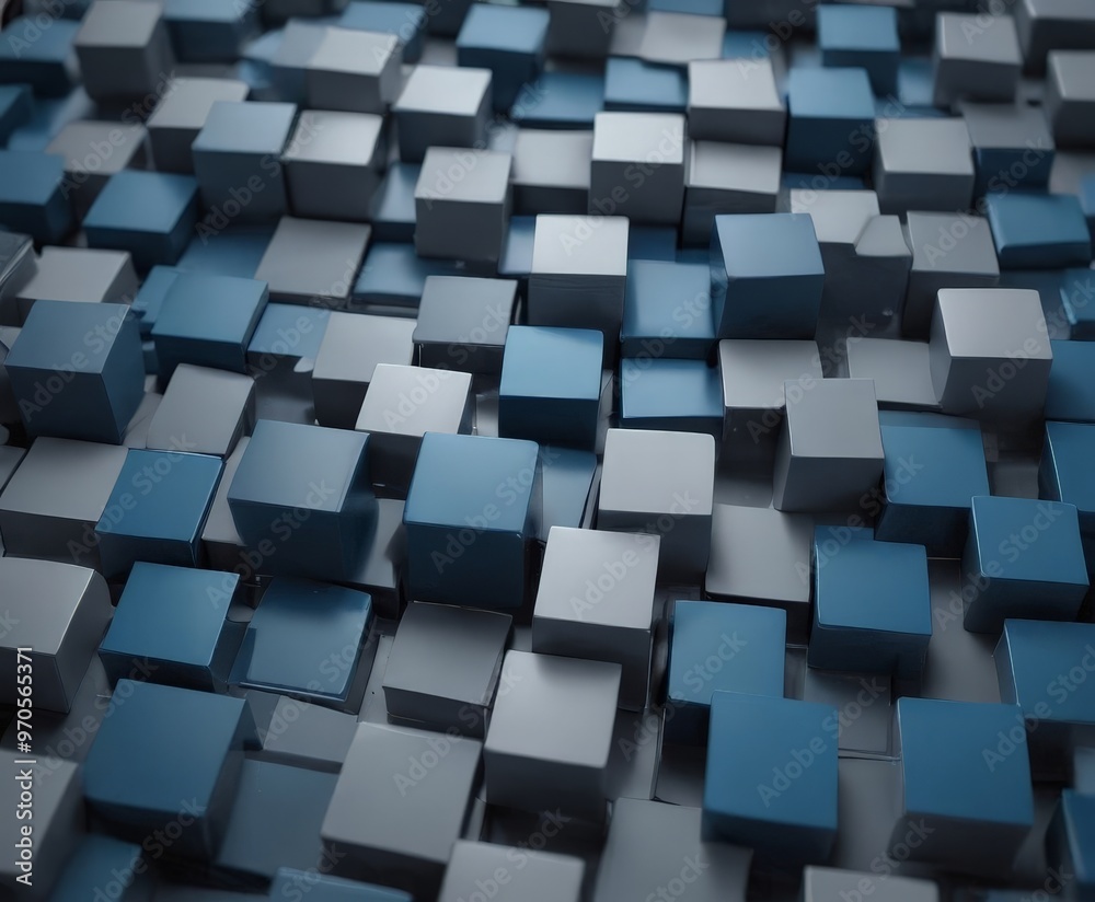 Aufkleber A 3D of a pattern of blue and gray cubes, with the cubes varying in size and overlapping to create a sense of depth and complexity.