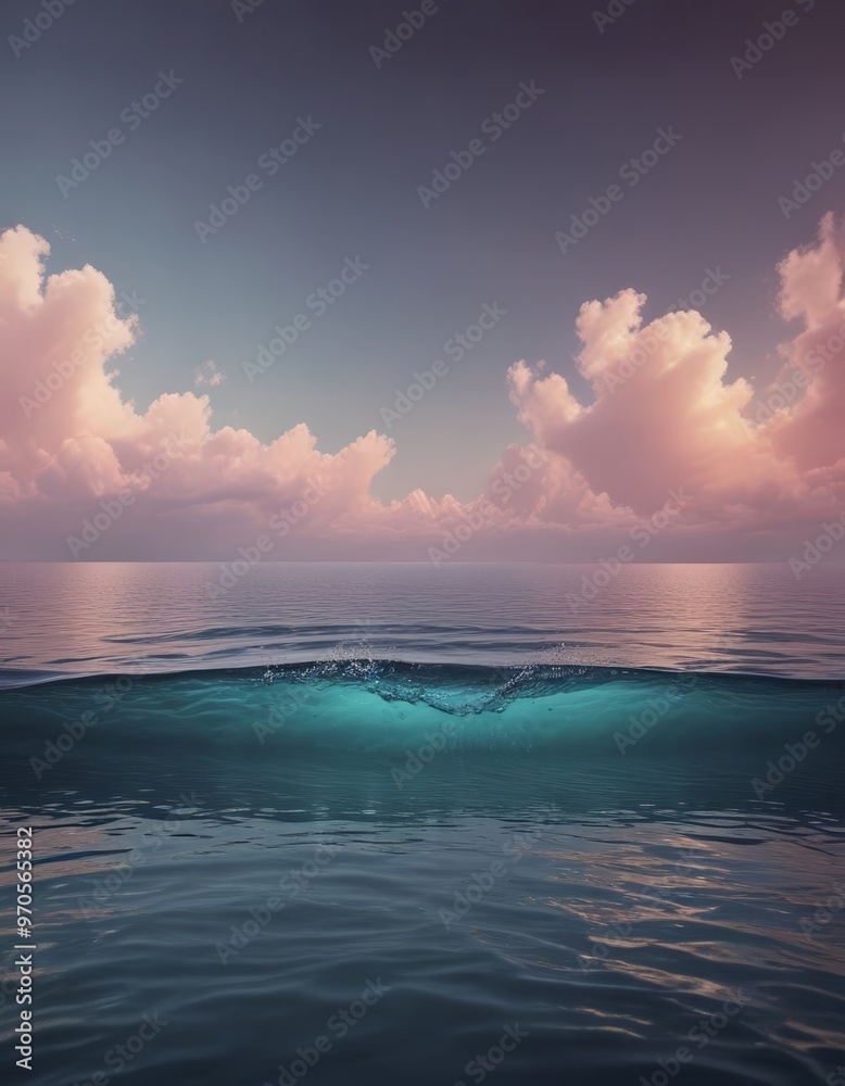 Aufkleber a serene ocean scene with a wave breaking, set against a backdrop of a cloudy sky with pink and purp