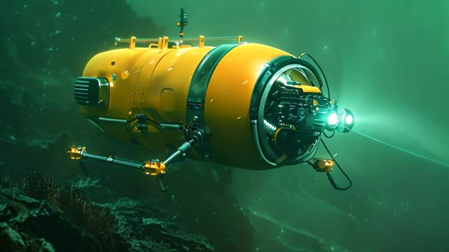 A Yellow Submersible Robot Exploring the Ocean Depths, A robot exploring the depths of the ocean, equipped with advanced sensors and cameras