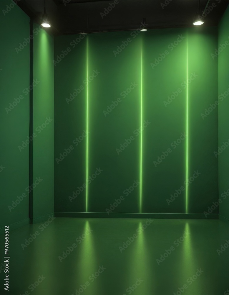 Poster a dimly lit room with green walls and a reflective floor, featuring three vertical light lines on th