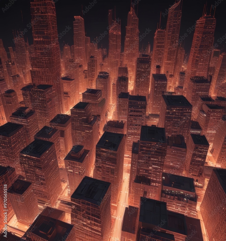 Aufkleber a night view of a densely populated city with tall buildings illuminated by bright lights, creating 