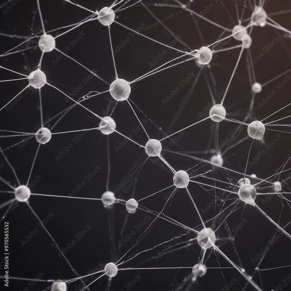 Poster A close-up view of a spider web, showcasing the intricate network of interconnected strands and the numerous small spheres that make up the web.