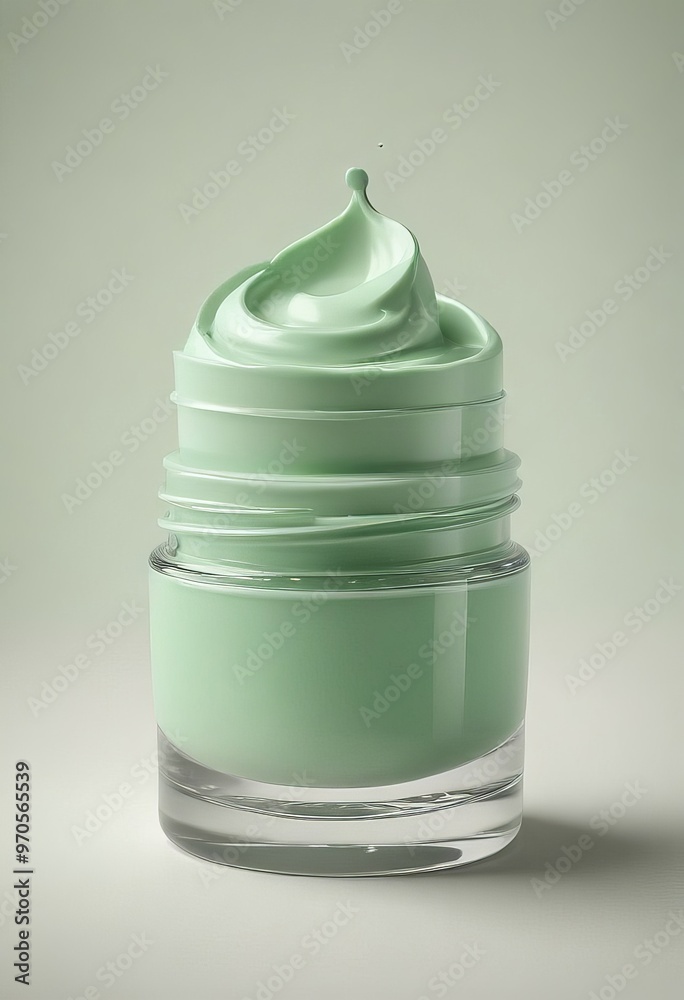 Poster a jar of green cream with a swirled top sits on a light background, with a small drop of the cream v