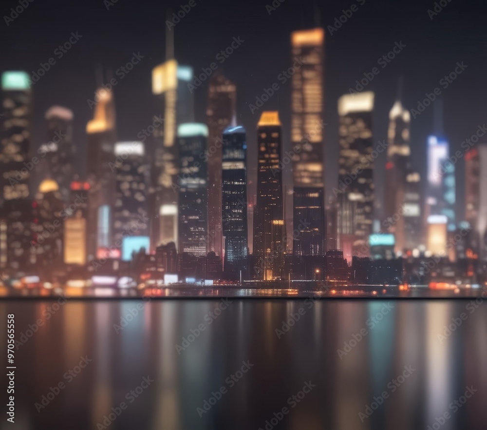 Poster a nighttime cityscape with a reflection of the city skyline in a body of water, creating a visually 