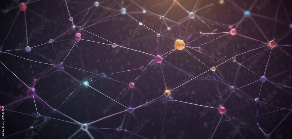 Aufkleber a complex network of interconnected lines and dots, resembling a web or a network of interconnected nodes, with various colors and sizes.