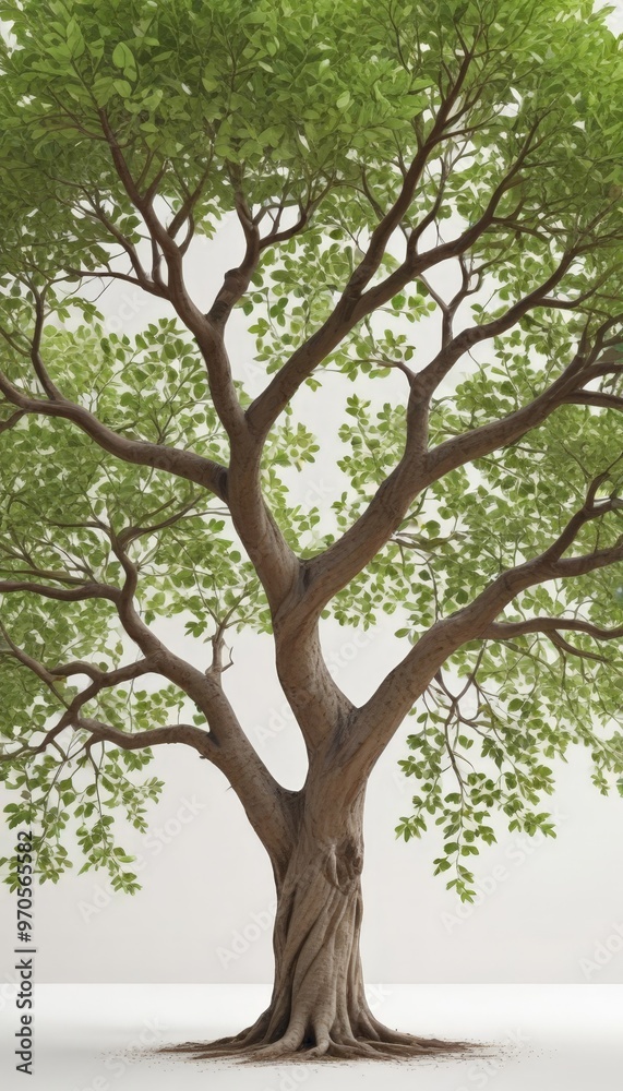 Poster a large, leafy tree with a thick trunk and numerous branches stands prominently against a white back