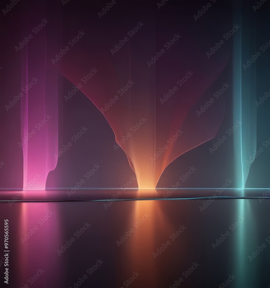 Poster a vibrant abstract scene with a gradient of colors, including pink, orange, blue, and green, creatin